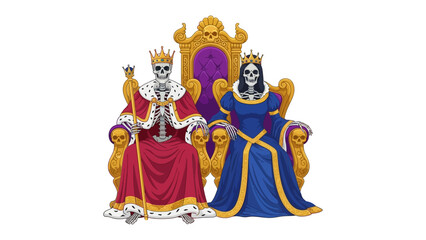 Skeletal Royalty: A royal skeleton king and queen sit on a gothic throne, their skeletal forms adorned in regal garments and crowns, a chilling image of authority and power.