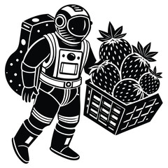 Vector astronaut carrying hydroponic strawberries in space station