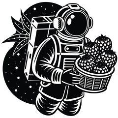 astronaut carrying hydroponic strawberries in space station