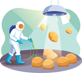Vector astronaut examining plant roots with futuristic scanner