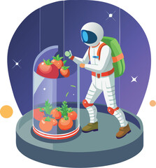 Vector astronaut harvesting tomatoes inside glowing biodome