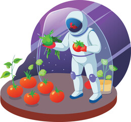 Vector astronaut harvesting tomatoes inside glowing