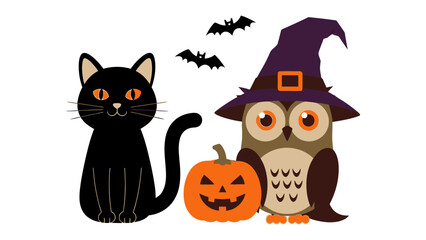 Spooky Halloween Friends: A cute, friendly black cat, a whimsical owl wearing a witch hat, a carved pumpkin, and bats create a playful scene perfect for autumn festivities.