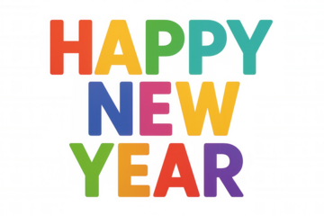 Happy new year colorful text greeting on transparent background, celebrating holiday or festive event
