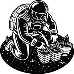 Vector astronaut preparing soil samples for farming experiment