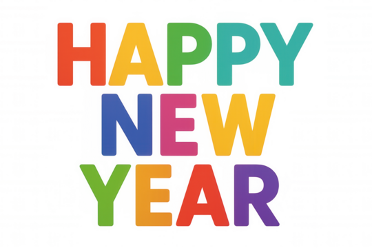 Happy new year colorful text greeting on transparent background, celebrating holiday or festive event
