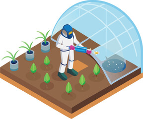 robotic arm planting seeds in zero gravity greenhouse