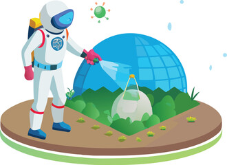 Vector of farm animals inside a transparent dome on the Moon