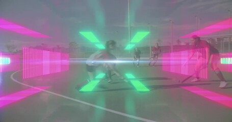 Referee leaning in sparking field hockey players vying ball control under neon green graphics - Powered by Adobe