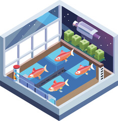Vector futuristic aquaponic fish tanks in space station