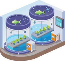 Vector astronaut floating near vertical hydroponic plant tubes
