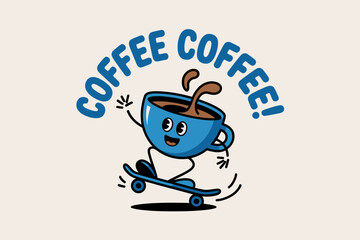 An animated coffee cup filled with coffee rides a skateboard, capturing the essence of fun and excitement, ideal for coffee lovers and kids enamored with playful designs.