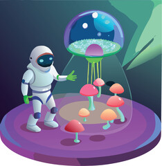 Isolated red toadstool fungus cartoon vector illustration of an alien in a UFO