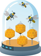 Vector futuristic beehives with robotic bees and honey in space dome