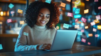 Young woman joyfully engaging with digital communication and online messages