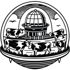 Vector futuristic livestock farm with cows inside 