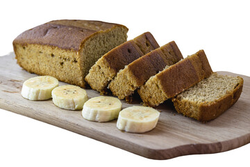 egan banana bread or cake made with organic banana, on isolated white background, copyspace. Traditional homemade cake from Brazil, sold in bakeries