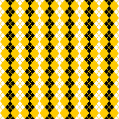 Vector illustration of a boldseamless cross-stitch border pattern This folk art design features repeating diamond and abstract floral motifs in bright orange and neon white against a yellow and black