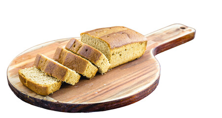 egan banana bread or cake made with organic banana, on isolated white background, copyspace. Traditional homemade cake from Brazil, sold in bakeries