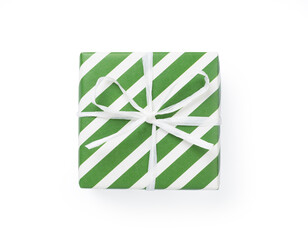 Striped Christmas gift box isolated on white, top view