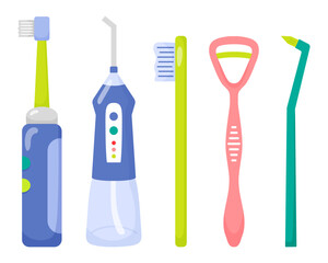 Oral care. Toothbrushs set in cartoon flat style. Electric toothbrush, irrigator. Single tuft, tongue cleaning brush.