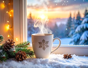 Christmas mug with steam placed by frosted window, decorated with pine garland and glowing string lights – winter cozy scene