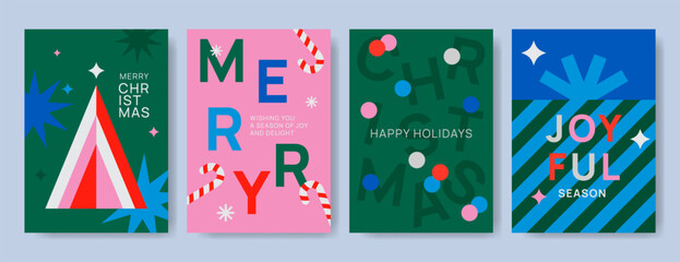 Merry Christmas greeting cards set with abstract shapes, candy canes, stars, and bold typography on colorful backgrounds. Graphic template design in modern minimalist style