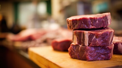 Medium shot of a vertical butcher counter with fresh cuts of meat stacked neatly main focus on marbled steaks while background remains softly blurred.