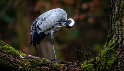 Crane preening on mossy branch