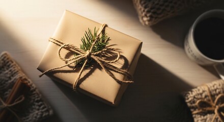 Obraz premium A gift box wrapped in brown paper tied with twine and a sprig of pine