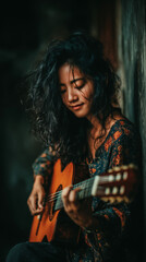 An guitarist playing guitar in the old wooden house background.