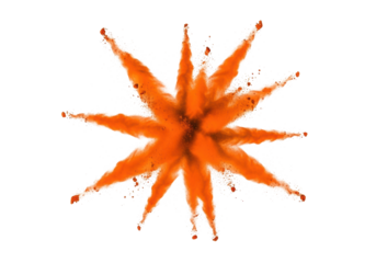 Vibrant orange powder explosion, dynamic starburst shape, particles frozen against pristine transparent high-key studio backdrop, high-angle. Concept of energetic impact and motion