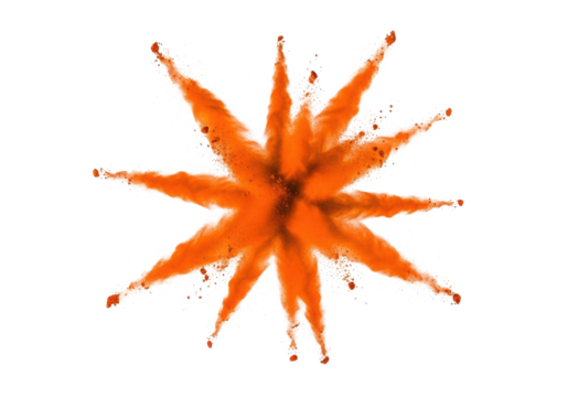 Vibrant orange powder explosion, dynamic starburst shape, particles frozen against pristine transparent high-key studio backdrop, high-angle. Concept of energetic impact and motion