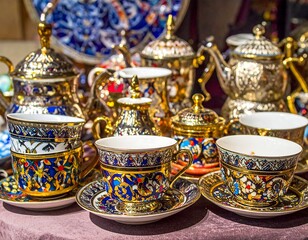Colorful ornate teacups and saucers displayed