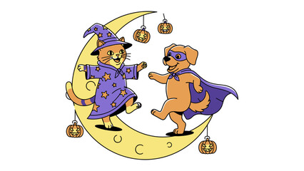 Cat Wizard and Dog Superhero on Moon: A charming illustration of a cat wizard and a dog superhero playfully dancing on a crescent moon, embracing the festive spirit. 