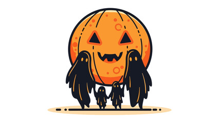 Halloween Family: A friendly family of ghosts stands together in front of a carved, grinning jack-o'-lantern, symbolizing unity and the spooky spirit of the holiday.