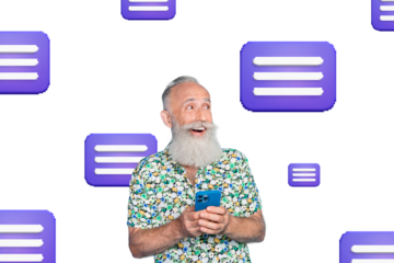 Composite photo collage of happy old man hold iphone device receive message email correspondence media isolated on painted background