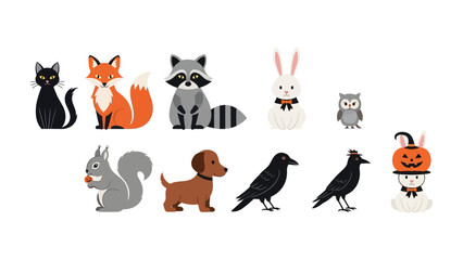 Halloween Animal Friends: A charming illustration of various animals donning Halloween costumes, including a black cat, fox, raccoon, rabbit, owl, squirrel, dog.