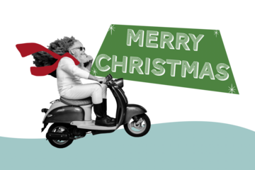 Composite photo collage of serious man drive vespa moped new year delivery merry christmas winer holiday isolated on painted background