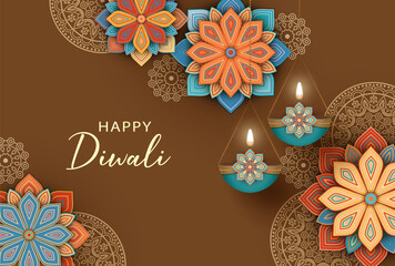Congratulations of Indian holiday Diwali with diagonally arranged flowers, mandala, lanterns, Asian elements cut out of colorful paper on brown background