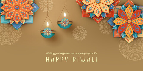 Indian Festival of Lights Happy Diwali, holiday background. Colorful decorative paper mandala design and dangling lighted oil lamps