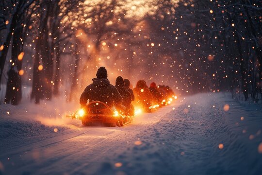 People snowmobiling in the snow.