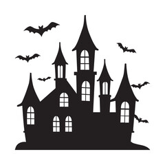 Spooky black silhouette of a haunted house with bats and fence