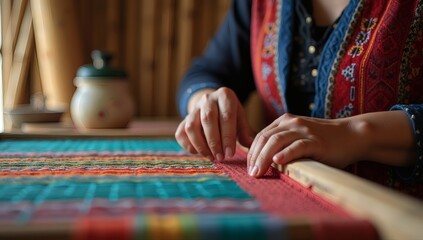 Close Up of Artisan Weaving Threads on Traditional Loom in Remote Village