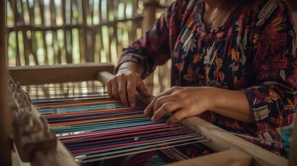 Close Up of Artisan Weaving Threads on Traditional Loom in Remote Village