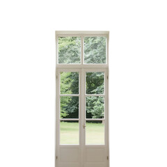 Fototapeta premium White framed window with six panes showing green trees and grass outside on a sunny day view from inside Transparent background