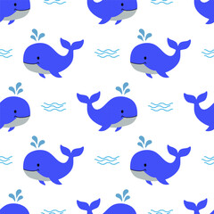 Seamless marine pattern with whales and waves on white background