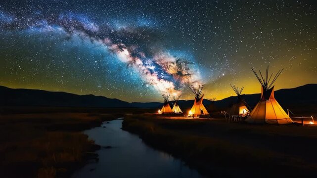 A Native American tipi village under a starry night 