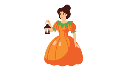 Carriage in Lantern: An illustrative image depicts a captivating woman, gracefully attired in a pumpkin-inspired dress, carrying a vintage lantern, evoking a sense of whimsy.