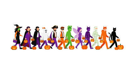 Halloween Parade of Characters: A vibrant procession of costumed figures, each carrying a pumpkin basket, parades joyfully.
